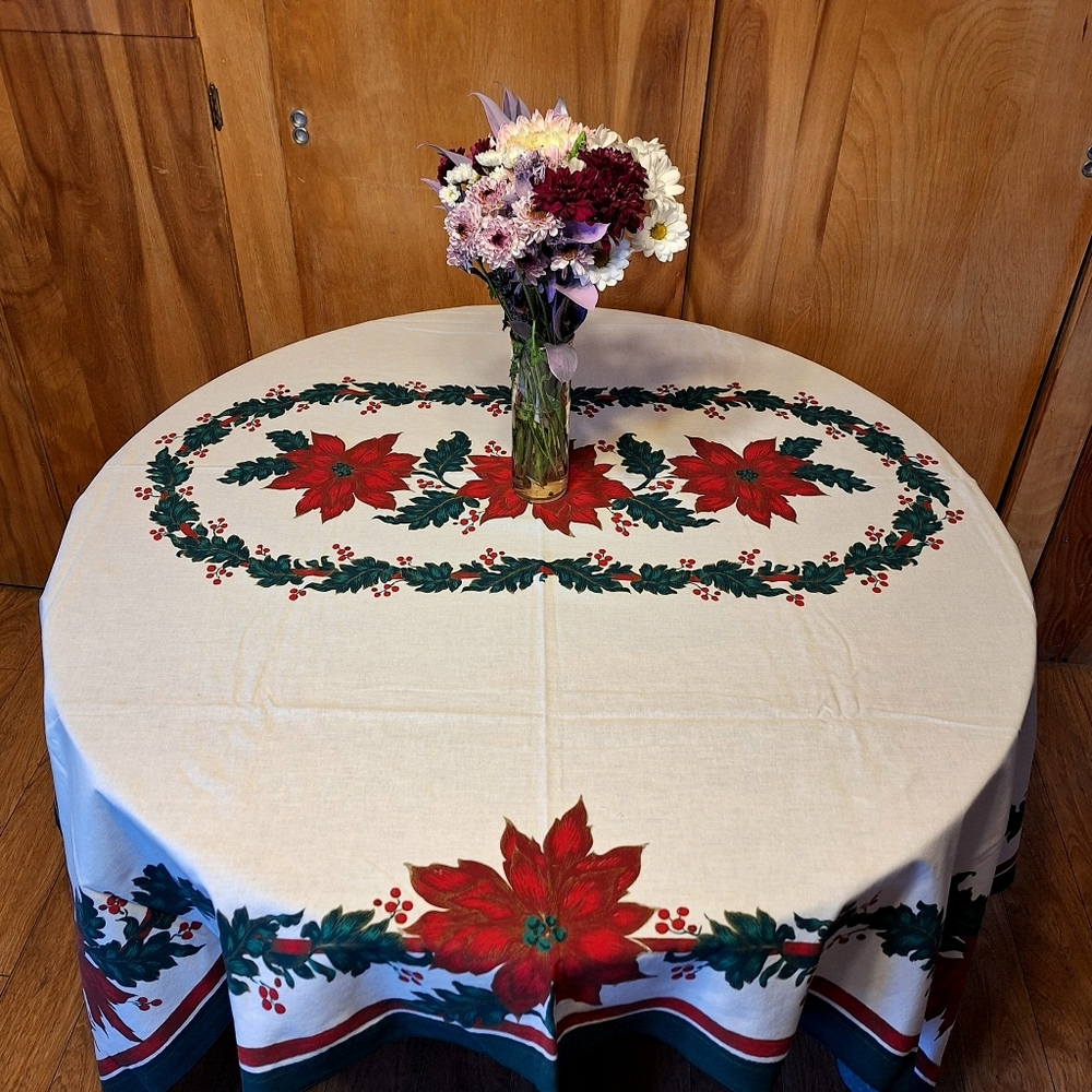 Vintage 1960s Made in Brazil Cotton Square Poinsettia Tablecloth RN#15028